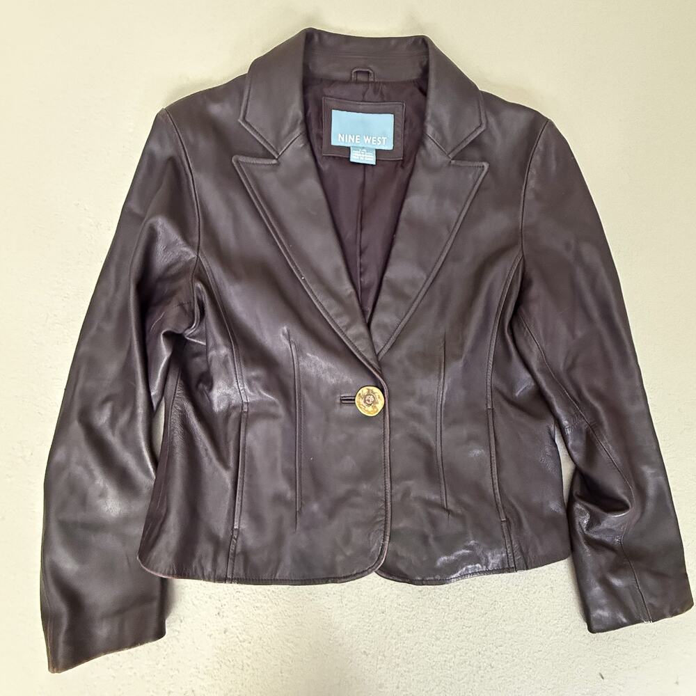 Nine West Women’s Brown 100% Leather Blazer Jacket Single Button Size L